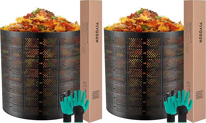 VIVOSUN 300 Gallon Outdoor Compost Bin Expandable Composter Easy to Setup &amp Large Capacity for Backyard Lawn (Black with Gloves) (Pack of 2)