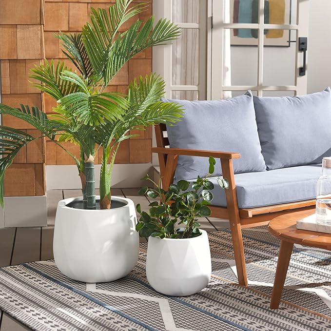 SAFAVIEH Outdoor Collection Kane White Cement Ficonstone Planter Pot Set of 2