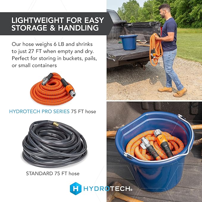 HydroTech 75 ft Expandable Garden Hose - Pro Series 2x Max Flow 3/4 No-Kink Flexibility Lightweight Hose for Lawn Garden Car Washing Deck and Patio Cleaning