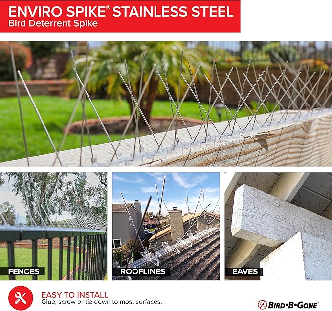 Bird B Gone - Pre-Assembled EnviroSpike Stainless Steel Anti Bird Spikes (50') - UV-Stabilized Polycarbonate Base - Humane Deterrent - Stops Pigeons &amp Birds from Roosting On Rooftops Ledges Fenc