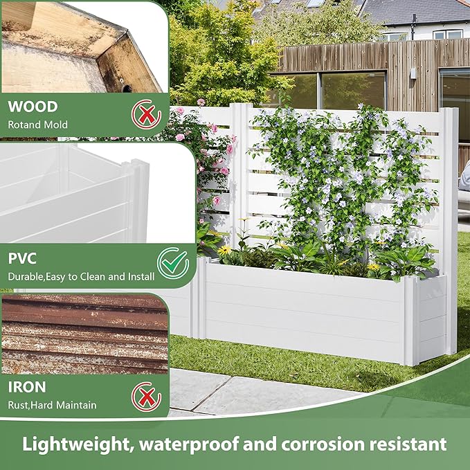 Casaphoria Raised Garden Bed with Trellis 47x47x16 Planter Box with Open Bottom for Gardening Vegetables &amp Vines and Climbing Plants White