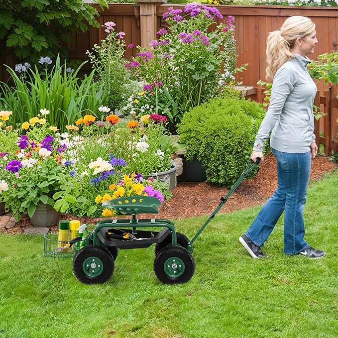 Garden Seat with Wheels Rolling Stool with Extendable Handle Storage Basket &amp Tool Tray Garden Scooter with 360 Degree Swivel Seat for Outdoor &amp Yard (Green)