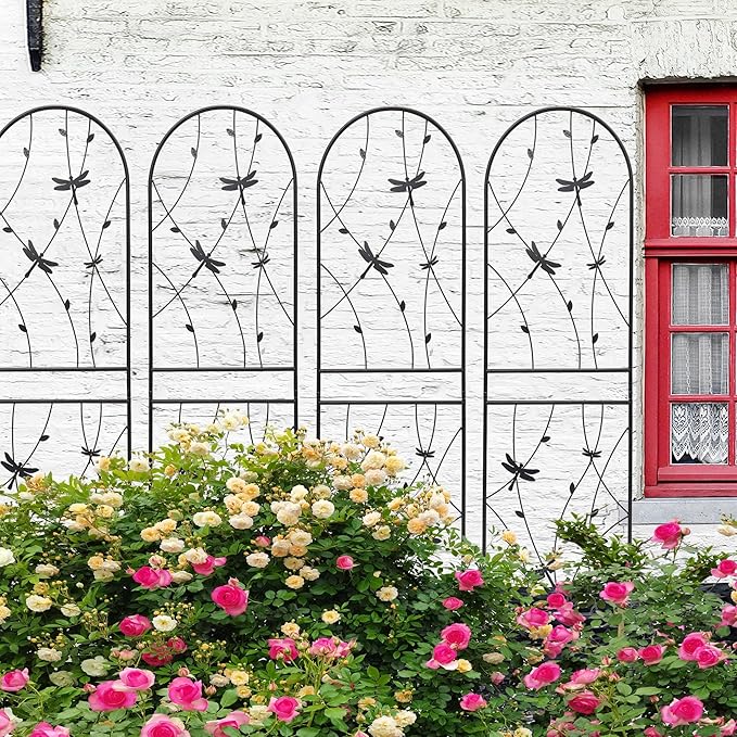 2/4 Pack Metal Garden Trellis for Climbing Plants Outdoor Flower Support Black with Dragonfly Deco Plant Support for Garden Patio Practical(4 Pack-H71'')