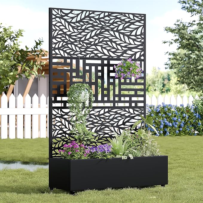 Casaphoria Metal Raised Garden Bed with Trellis and Wheels 72x47x16 Planter Box for Climbing Plants Vegetables &amp Vines Features Drainage Holes and Privacy Screen Black(Spring&ampHelen)