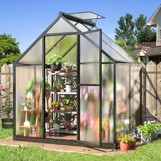 WKM 4x6 FT Greenhouse for Outdoors Quick-fit Structure Polycarbonate Green House with Window for Ventilation Walk-in Aluminum Greenhouse for Outsides Garden Backyard Black