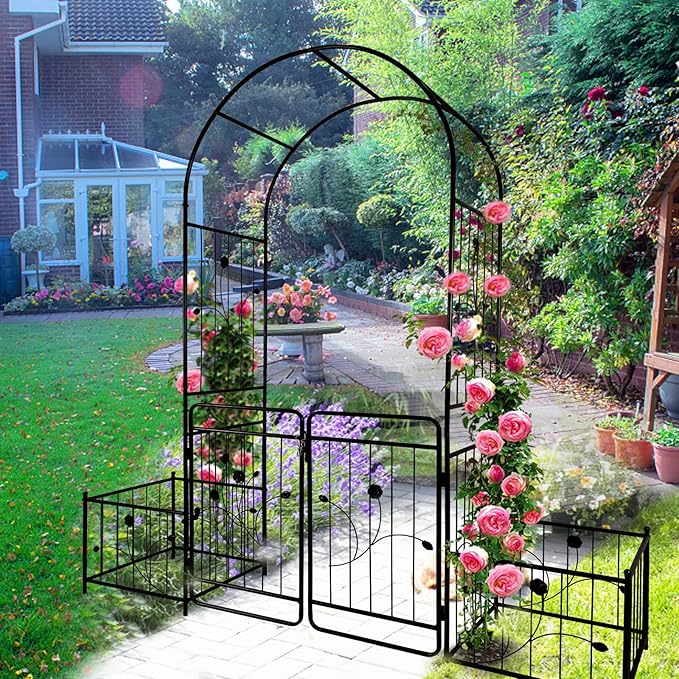 Metal Garden Arch with Double Gate 79.5 Wide x 86.6 High Black Outdoor Rose Trellis Climbing Plants Support Arbor with Side Planter Stands