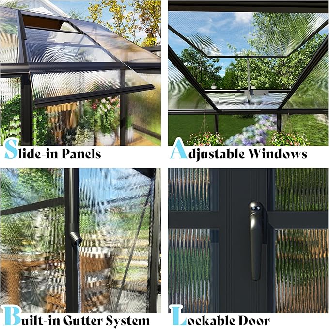 AMERLIFE 8x12x7FT Polycarbonate Greenhouse Walk in Greenhouse with Quick-Connect System Green House with 4 Vent Windows and Swing Lockable Door Greenhouses for Outdoors Sunroom Black