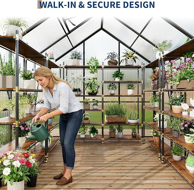 GarveeHome 6x6FT Greenhouse Large Walk-in Polycarbonate Greenhouse with Adjustable Vent Window Sliding Door Portable Green House Kit for Outdoors Winter