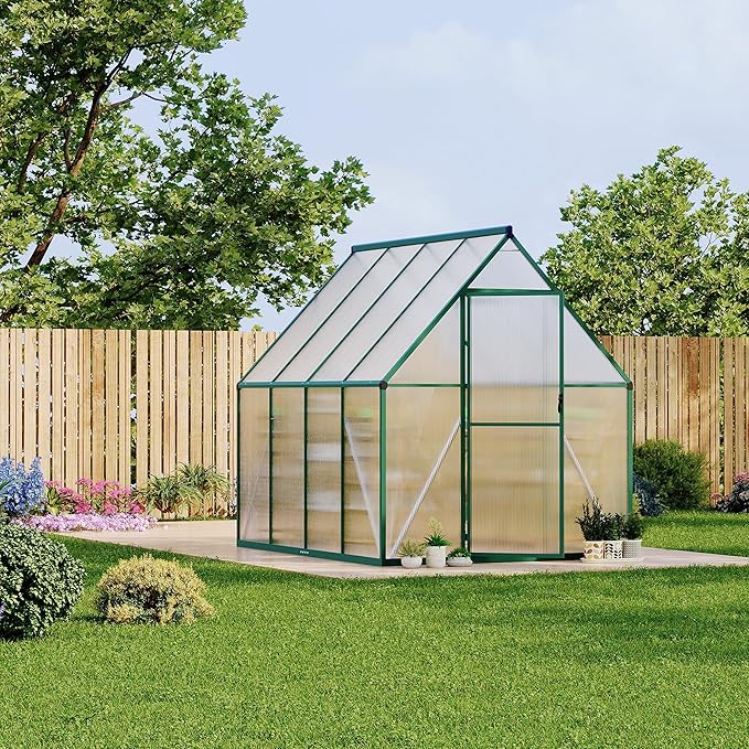 6x7 ft Heavy Duty Polycarbonate Walk-in Greenhouse with Reinforced Aluminum Frame Adjustable Roof Vent and UV Protection Panels for Outdoor Backyard Gardening and Year-Round Plant Care