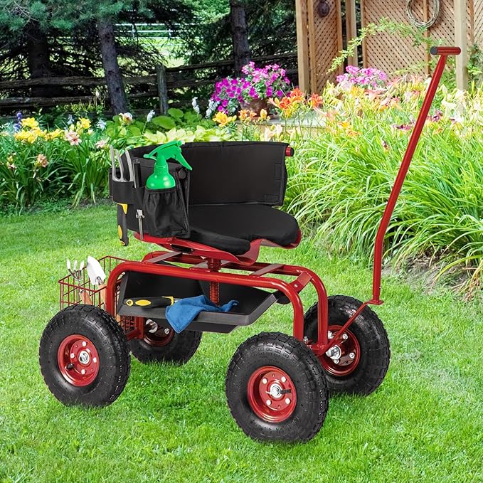 Goplus Rolling Garden Seat with Wheels Outdoor Garden Cart with 360° Swivel Seat &amp Tool Storage 2 Steering Handles Gardening Stool Wagon Scooter Lawn Patio Gardening Workseat for Seniors