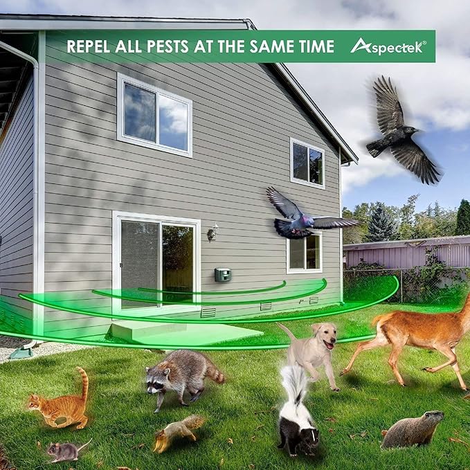 ASPECTEK Yard Sentinel Outdoor Ultrasonic Animal Repeller with Motion Sensor Adjustable Volume Waterproof Extension Cord Powerful Repel for Squirrel Raccoon Skunk Rabbit Fox Deer Etc