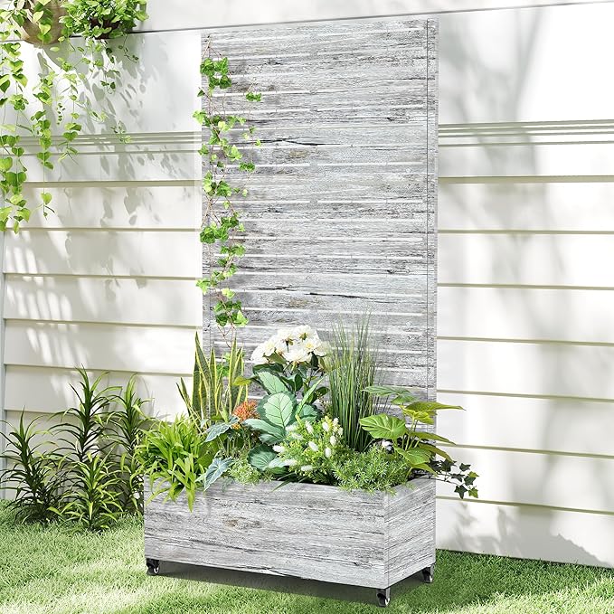 Raised Garden Bed with Trellis and Wheels73x35x16 Metal Raised Garden BedWhite Wood Finish Metal Planter with Climbing Trellis for Vines &amp Vegetables
