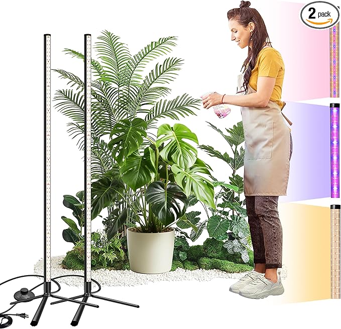 2PCS T8 Standing Grow Light 42W Full Spectrum LED Grow Light for Indoor Plants Plant Lamp with 243 LEDs Wide Illumination Area 4FT Height with On/Off Switch and Tripod Floor Stand