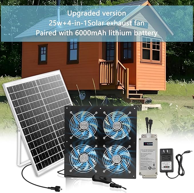 Solar Exhaust Fan for Greenhouse Solar Chicken Coop Fan with 25W Solar Panel &amp 4 Pcs High-Speed Brushless DC Ventilation Fans for ShedAtticsBarnsDog Houses with 6000mAh Battery