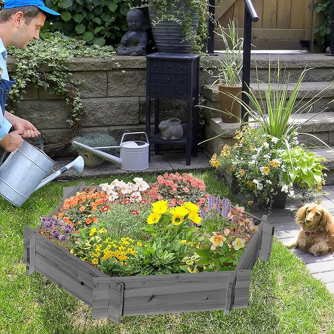 Wooden Raised Garden Bed Hexagon Screwless Planters for Outdoor Plants Vegetables Flowers Herbs 39 x 36 x 6 Gray