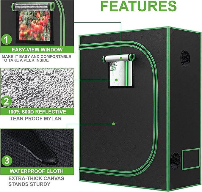 JupiterForce 2x4 Grow Tent with Observation Window and Floor Tray High Reflective Mylar Hydroponic Grow Tents Indoor Grow Room for Home Plant Growing Black 24x 48x 60