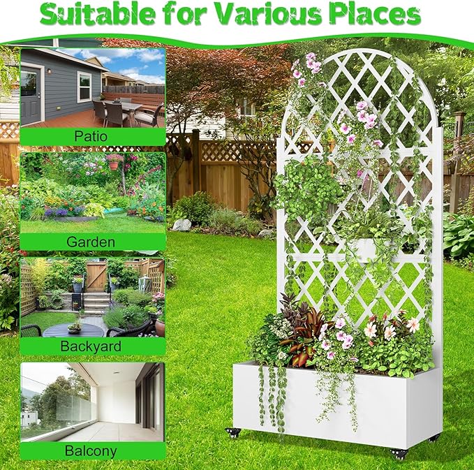 Galvanized Steel Planter Box with Trellis 72.8 H Vertical Garden &amp Privacy Screen Space-Saving Design with Wheels and Drainage Holes for Outdoor Rust-Resistant Raised Garden Bed Black