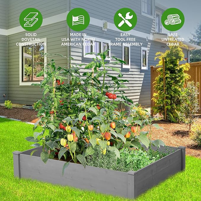 Raised Garden Bed 48x48x10'' Outdoor Wood Planter Box Over Floor Tool-Free Assembly