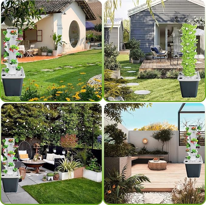 25 Pods Home Gardening System Hydroponics Growing Tower Vertical Planter with Movable Tank &amp Timer for Greenhouse Indoor Vegetables Herbs(15holes)