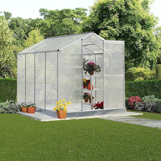 6x8 FT Greenhouses for Outdoors Heavy Duty Outside Walk in Green House for Garden Plants UV Protection Adjustable Roof Vent Thermostatic Waterproof and Insect Resistant Silver
