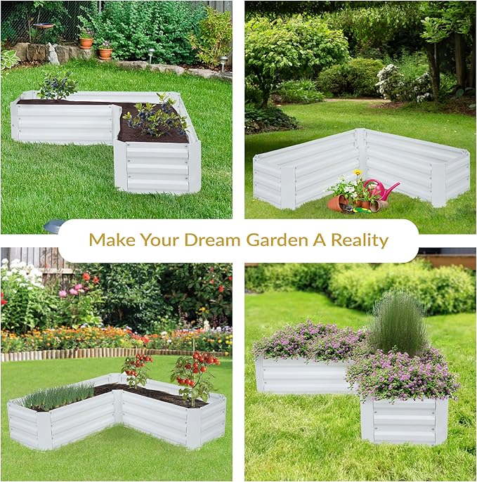 Sunnydaze Galvanized Raised Garden Bed - Metal Raised Bed for Gardening - Outdoor Planter Box for Flowers Plants and Vegetables - Ivory White - 12” H L-Shaped