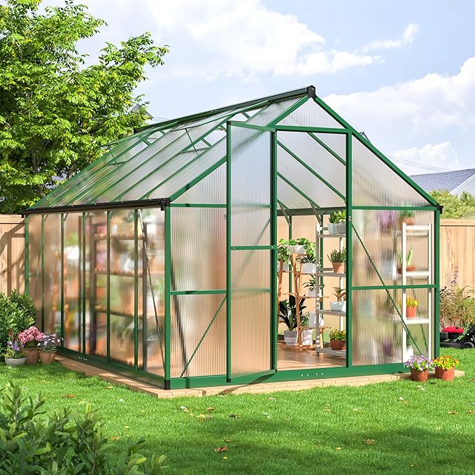 8×12 FT Walk-in Greenhouse for Outdoors Polycarbonate Greenhouse Kit with Roof Vent Large Heavy Duty Green Houses for Outside Backyard Patio Garden Green