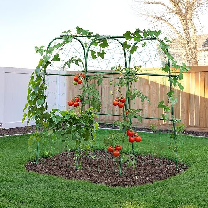 HIRALIY Cucumber Trellis for Climbing Plants Outdoor 4ft Tall Heavy Duty Metal Garden Arch Trellis Rustproof Plant Support Tunnel for Tomato Grape Bean Raised Bed and Vegetable Gardens Green