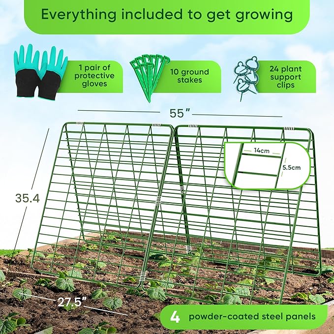 Cucumber Trellis for Raised Bed - 35 x 55 Garden Trellis for Climbing Plants Outdoor - A Frame Trellis for Climbing Vegetables with Plant Support Clips and Gloves