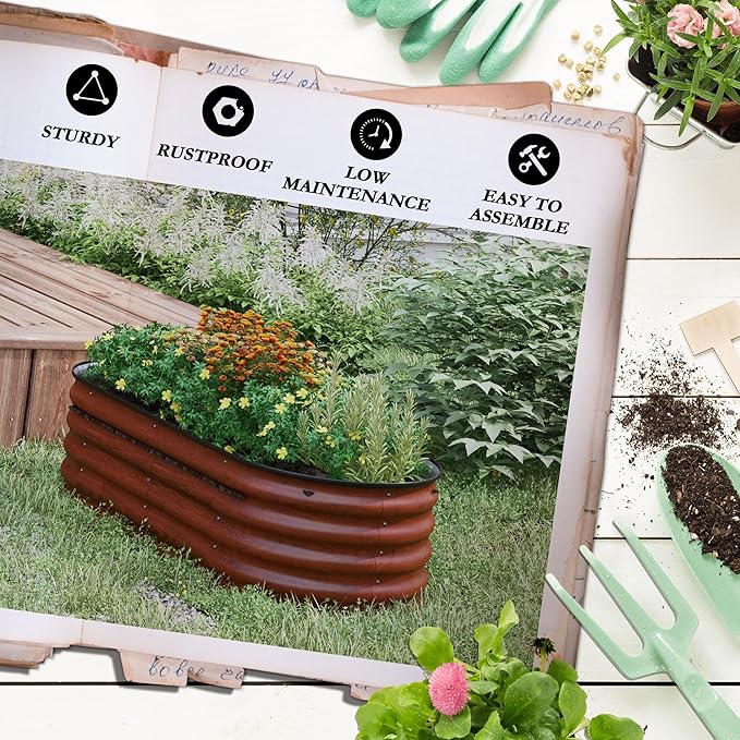 5' x 2' x 1.4' Galvanized Raised Garden Bed Kit Outdoor Metal Elevated Planter Box with Safety Edging Easy DIY Stock Tank for Growing Flowers Herbs Vegetables Brown