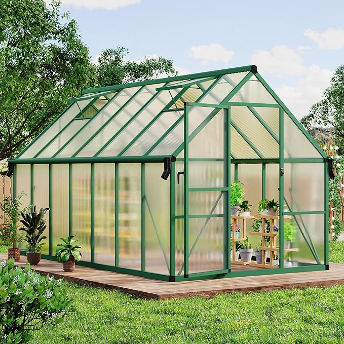8x14 FT Outdoor Greenhouse Polycarbonate Greenhouse with Roof Vent and Ground Nails Aluminum Large Walk-in Green House w/Lockable Push Door for Outside Garden Backyard (8x14 FT)