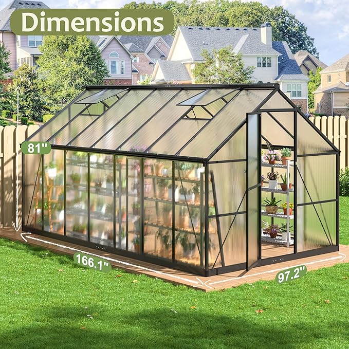 8x14 FT Green House for Outdoors Quick Setup Polycarbonate Greenhouse with Roof Vent Aluminum Large Walk-in Greenhouse for Outside Garden Backyard Black