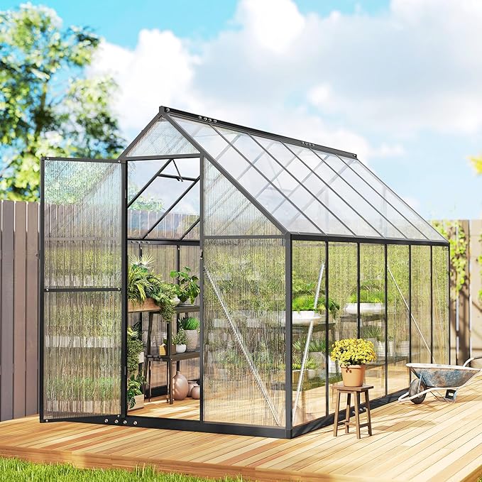 Outsunny 11x6 ft Polycarbonate Greenhouse with Swing Door and Two Adjustable Roof Vents Aluminum Walk-in Greenhouse Outdoor Greenhouse for Patio Garden Backyard Black