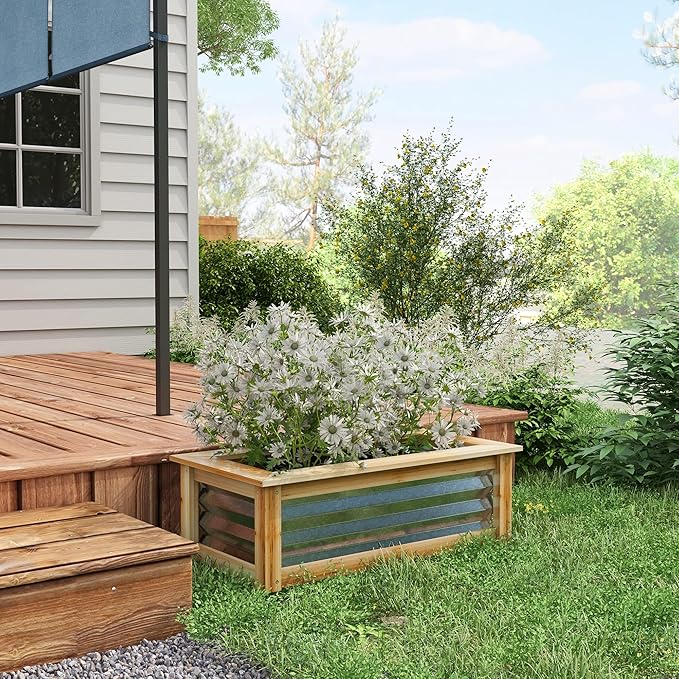 Raised Garden Bed Kit Outdoor Planter Box Galvanized Metal Reinforced with Wood Stock Tank for Growing Flowers Herbs and Vegetables