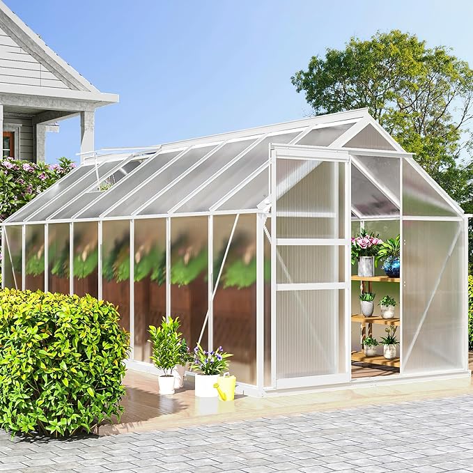DWVO 6x16FT Polycarbonate Greenhouse Heavy Duty Green Houses Outdoor Aluminum Greenhouses with Sliding Doors Vent Window Walk-in Greenhouse Large Sun House for Garden Backyard Matte Sliver