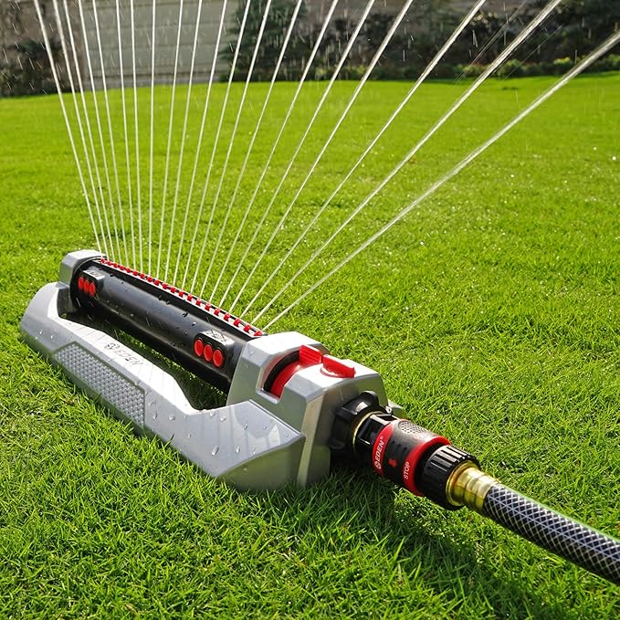 Eden 96216 Heavy Duty Turbo Oscillating Sprinkler Covers Up to 4900 sq. ft. 20 Precision Nozzles Aluminum Base Flow and Width Control Adjustable Range Quick Connects Filters