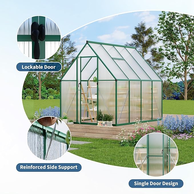 6x7 ft Heavy Duty Polycarbonate Walk-in Greenhouse with Reinforced Aluminum Frame Adjustable Roof Vent and UV Protection Panels for Outdoor Backyard Gardening and Year-Round Plant Care