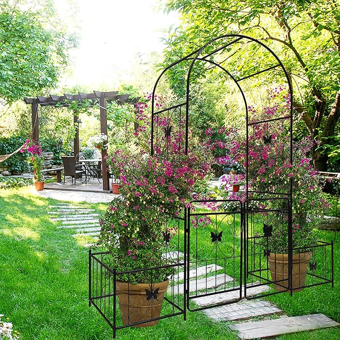 Metal Garden Arch with Gate 79.5'' Wide x 86.6'' High Climbing Plants Support Rose Arch Outdoor Black FU354
