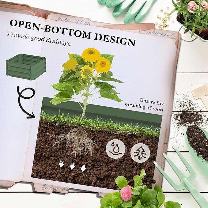 24x24x11.75 Durable Galvanized Planter Box with Tomato Cage Addition Rich Green Tone Suitable for Raised Garden Applications