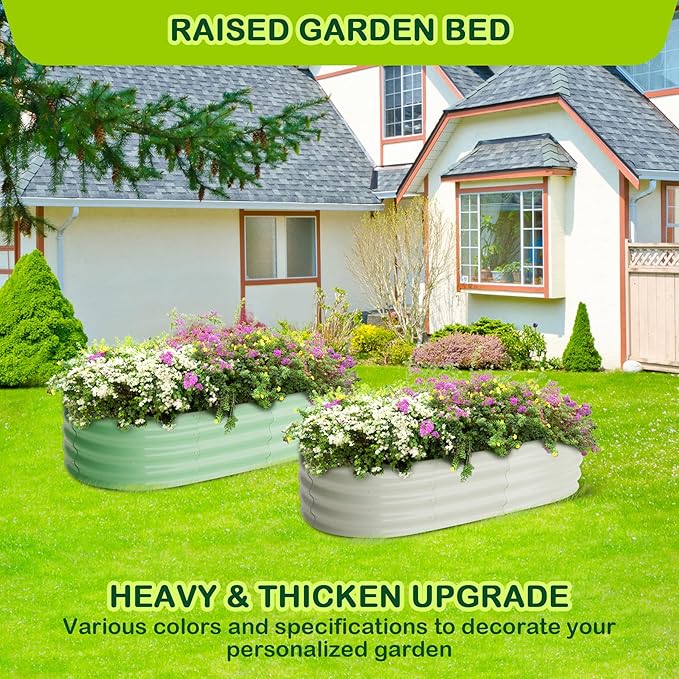 GarveeLife 2 Pcs 4.5x2x1.5ft Oval Raised Garden BedGalvanized Raised BedsOpen-Ended Base Metal Raised Planter BedsGarden Bed OutdoorPlanter Raised Boxes for VegetablesFlowersTool-Free AsseWhite