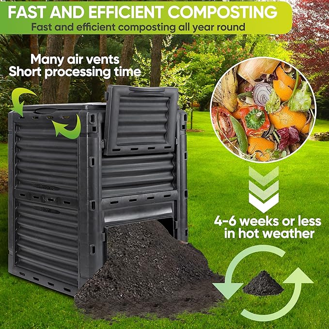 JupiterForce Garden Compost Bin 80 Gallon (300 L) from BPA Free Material Large Composting Bin Outdoor Composter with Gloves Easy Assembling Fast Creation of Fertile Soil Lightweight Black