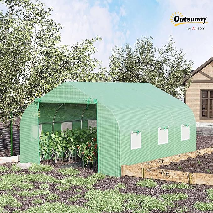 Outsunny 11.5' x 10' x 6.5' Outdoor Walk-in Greenhouse Tunnel Green House with Roll-up Windows Zippered Door PE Cover Heavy Duty Steel Frame Green
