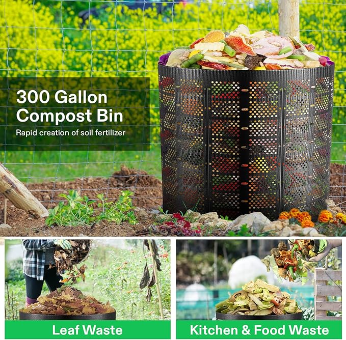 VIVOSUN 300 Gallon Outdoor Compost Bin Expandable Composter Easy to Setup &amp Large Capacity for Backyard Lawn (Black with Gloves)