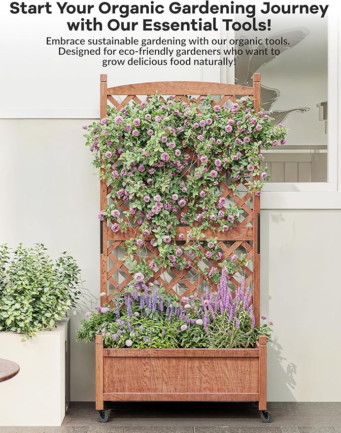 29.5x13x61.5 Inch Raised Garden Bed with Trellis &amp Wheels Standing Vertical Horticulture Planter Box for Climbing Plants Vegetables Planters with Drainage Holes 2 PC