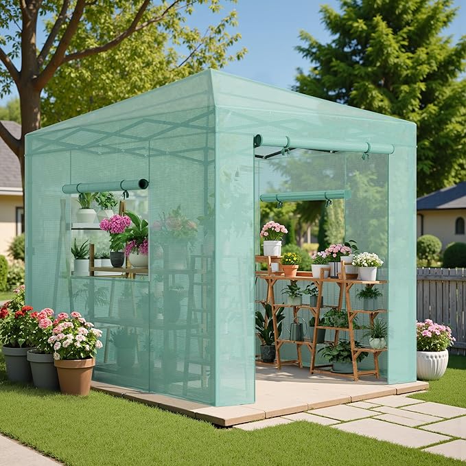 Greesum 8x6 FT Portable Pop-up Greenhouse with Center Lock PE Cover Zippered Door and 2 Roll-up Windows Easy Assemble(Green)