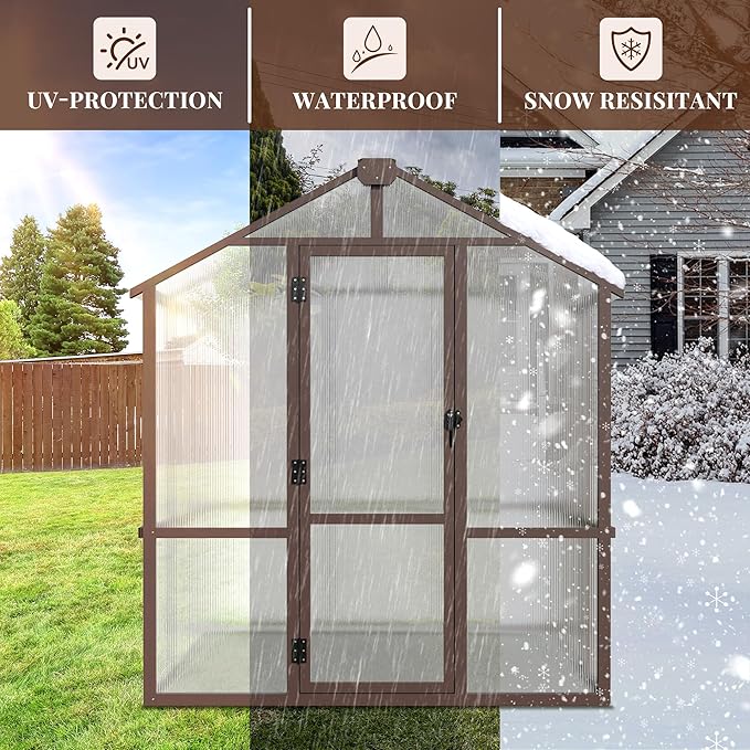 6x8 FT Wooden Greenhouse with Cedar Frame Walk-in Heavy Duty Green House for Outdoors with 6MM Thick Polycarbonate Panel and Adjustable Roof Vents Garden Backyard Patio Lawn Brown