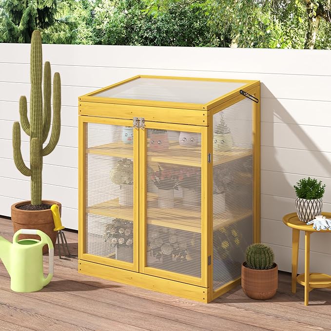 Greenhouse Wooden Cold Frame Greenhouse Garden Portable Mini Greenhouse Cabinet2-Tier Wooden Cold Frame Garden Greenhouse with Transparent Polycarbonate Sheet Keep Plant Warm Enough (Brown)