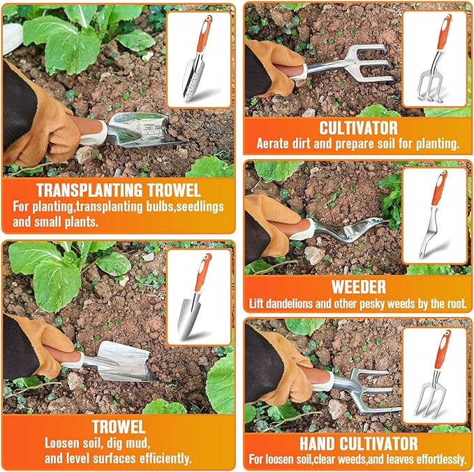Garden Tool Set - 10 PCS Heavy Duty Stainless Steel Gardening Tools Set with Storage Bag Gardening Kit Ideal Gardening Gifts for Women &amp Men Indoor/Outdoor Use for Digging Planting Pruning
