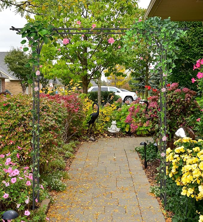 Garden Arch Trellis 7FT Wedding Arch Backdrop StandMetal Garden Arbor Trellis for Plant Climbing Outdoor Plant Arch with Anchored Pile Flower Arch Stand Balloon DecorArchway Pergola