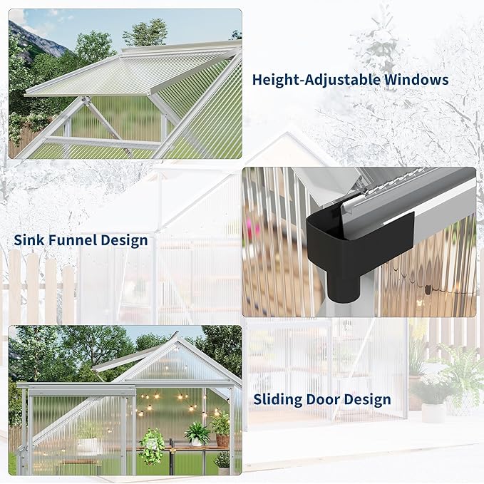 6x4FT Greenhouse for Outdoors Walk-in Polycarbonate Greenhouse with Sliding Door Adjustable Roof Vent &amp Gutter System Portable Outdoor Green House Kit for Winter Gardening