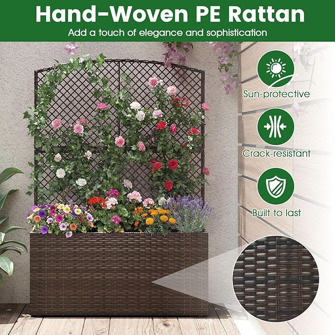 BECOMFORT 58”H Raised Garden Bed with Trellis Tall Wicker Planter Box with Privacy Screen Liner &amp Drainage for Balcony Yard PE Rattan Outdoor Flower Box for Climbing Plants Vegetables &amp Fl